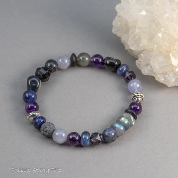 Purple Blue and Black Gemstone Stretch Bracelet for Women