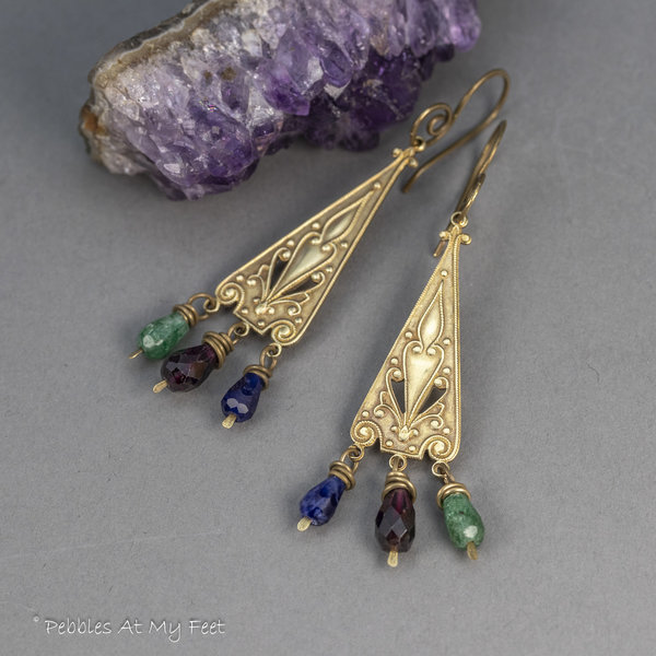 Brass Vintage Style Dangle Earrings with Multi-color Gemstones