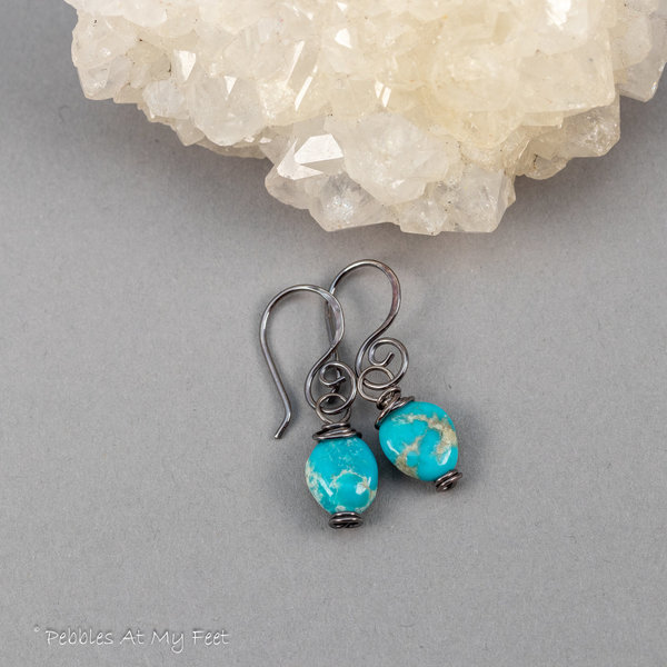 Rustic Turquoise Pebble Earrings Handmade in Sterling Silver