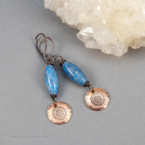 Blue Stone Dangle Earrings with Handcrafted Copper Sunflower Charms