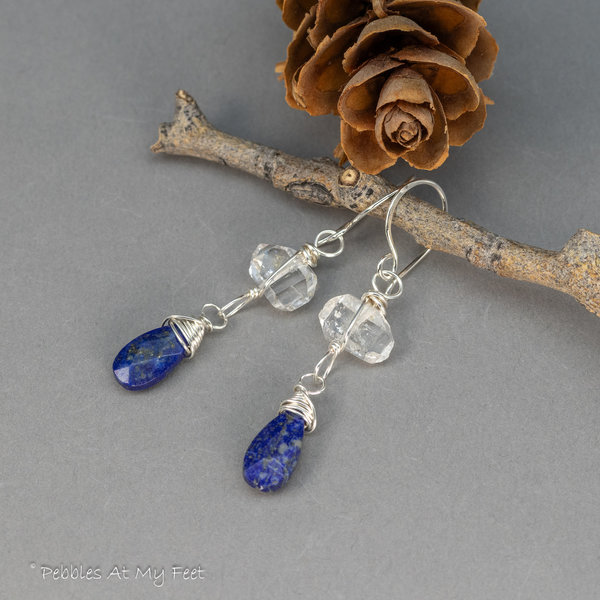 Lapis Lazuli and Herkimer Diamond Dangle Earrings
