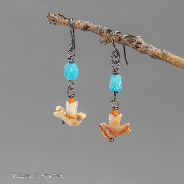 Turquoise and Agate Bird Earrings, Colorful Southwest Style Earrings