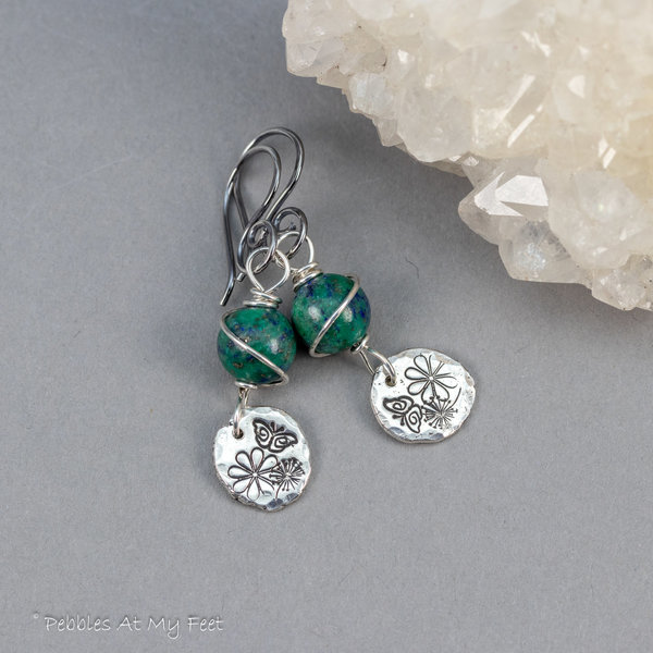 Sterling Silver Azurite Malachite Earrings with Handmade Reclaimed Silver Charms