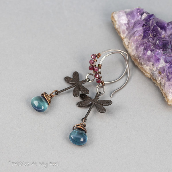 Mixed Metal Dragonfly Earrings with Garnet and Fluorite Gemstones