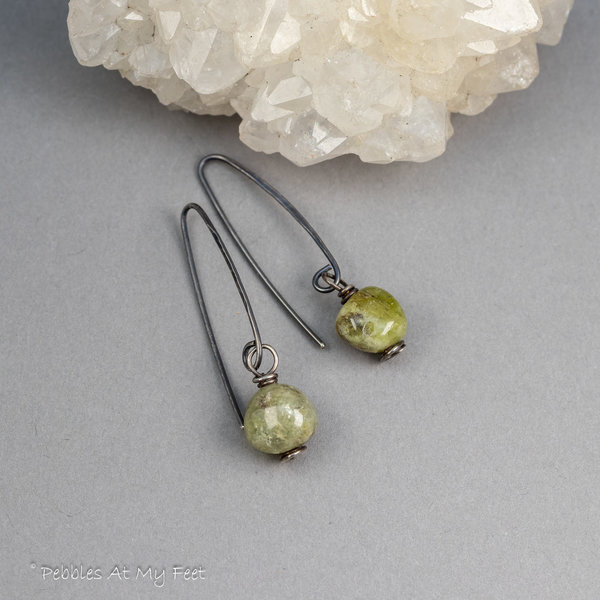 Rustic Green Garnet Pebble Earrings in Sterling Silver