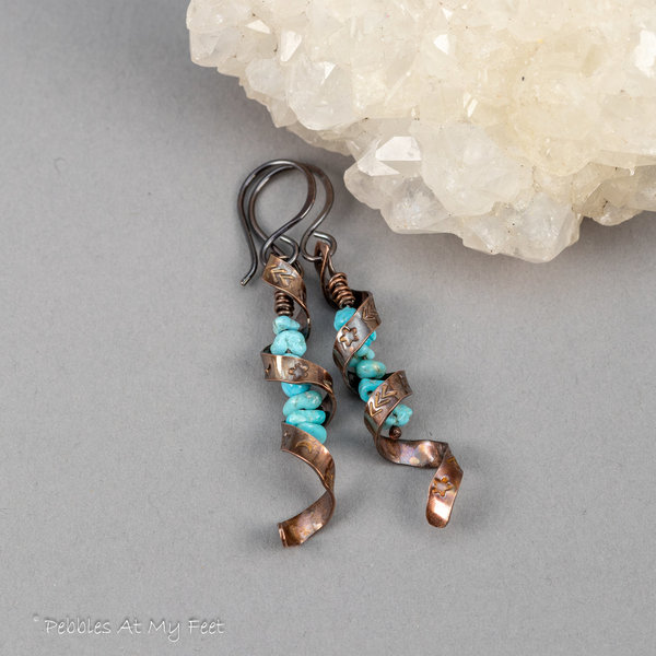 Twisted Copper Ribbon Earrings with Western Star and Moon Design and Turquoise Stones