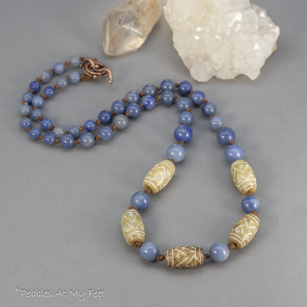 Blue Aventurine and Carved Onyx Necklace, Knotted Linen Cord Necklace