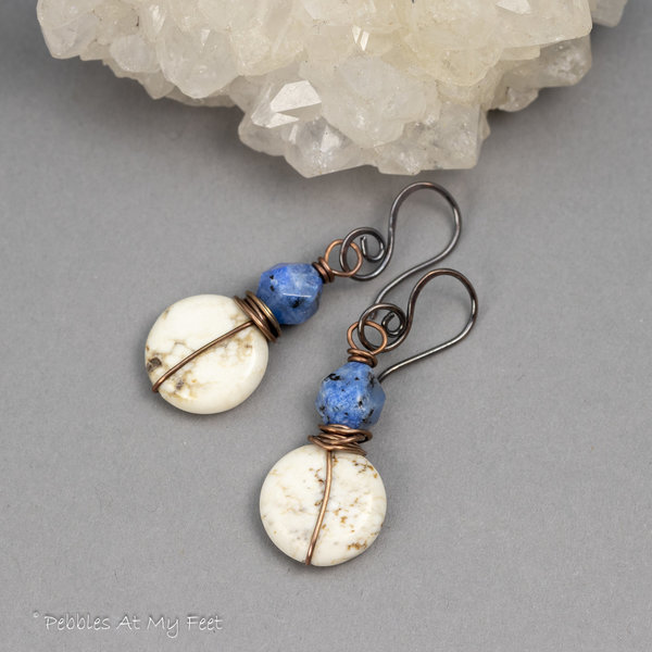 Off-White and Blue Natural Stone Earrings in Copper
