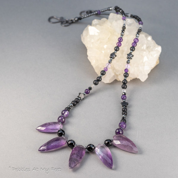 Striking Purple and Black Gemstone Beaded Necklace, Amethyst Fairy Necklace