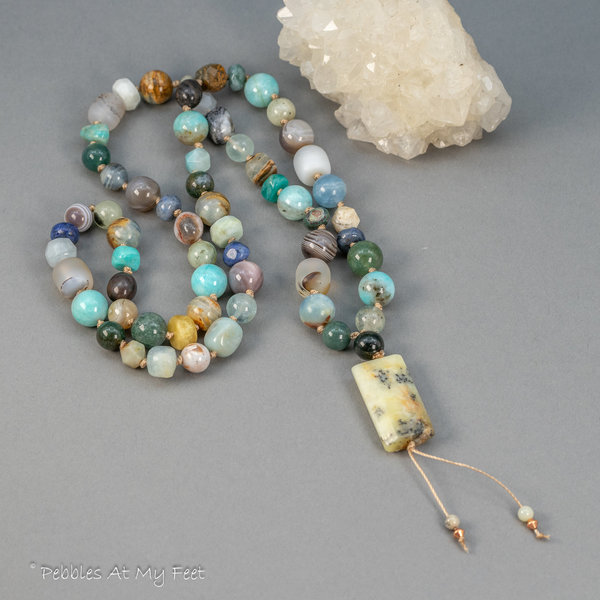 Dendritic Opal Pendant Multi Stone Knotted Bead Necklace
