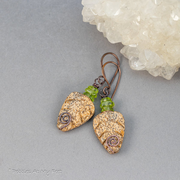 Peridot and Picture Jasper Leaf Earrings 