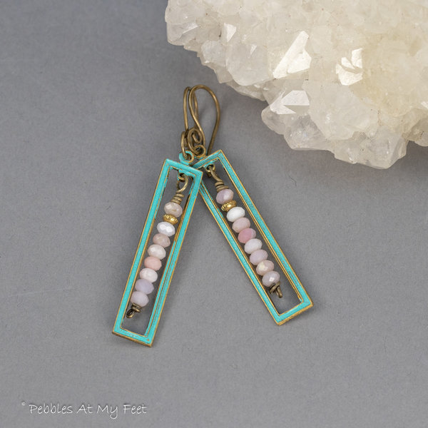 Art Deco Style Geometric Earrings, Pink Opal and Brass 