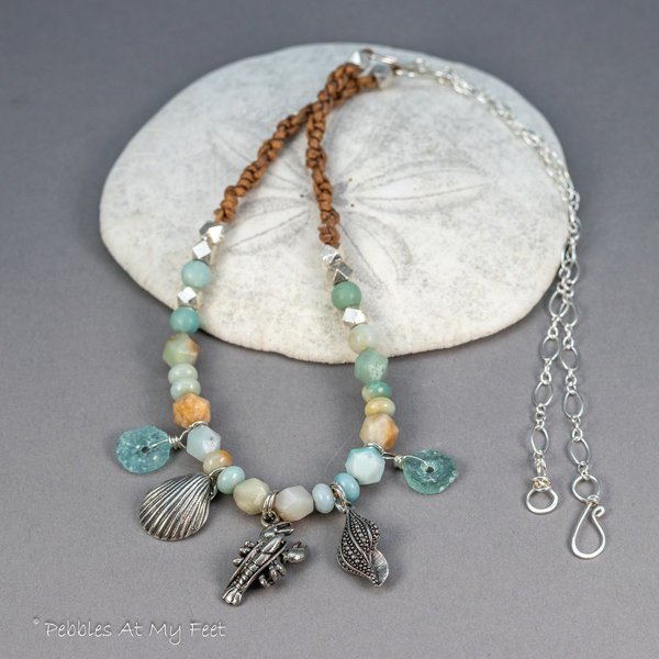 Seashore Theme Charm Necklace, Amazonite and Roman Glass