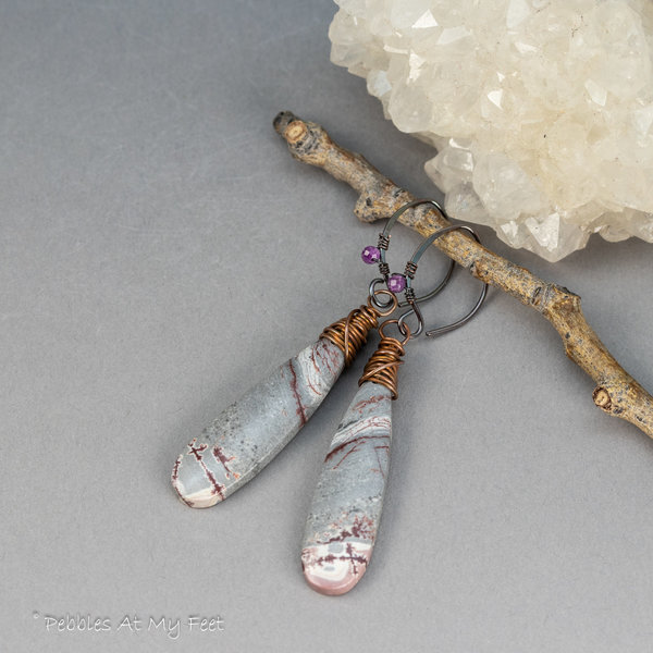 Gray Stone Teardrop Earrings Handmade in Copper