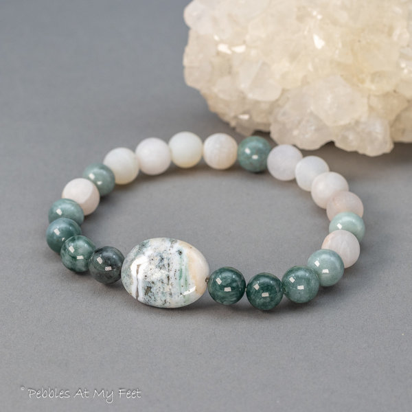 Green Natural Stone Stretch Bracelet with Frosted Quartz, Ocean Jasper, and Jade