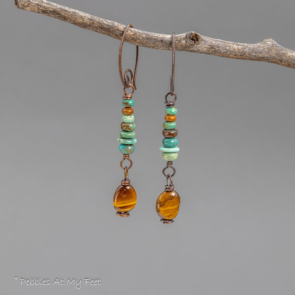 Earthy Tiger's Eye and Turquoise Earrings Handcrafted in Copper