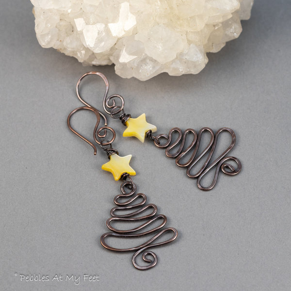 Copper Wire Work Christmas Tree Earrings with Mother of Pearl Star
