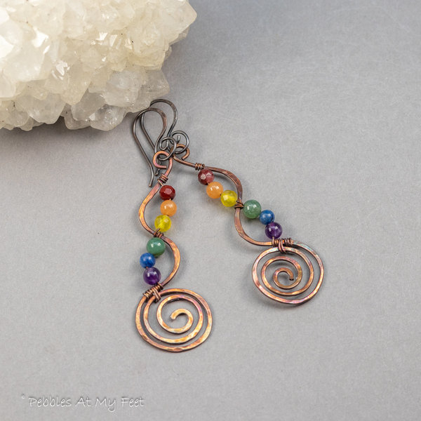 Copper Wire Work Earrings with Natural Stones in Rainbow Colors