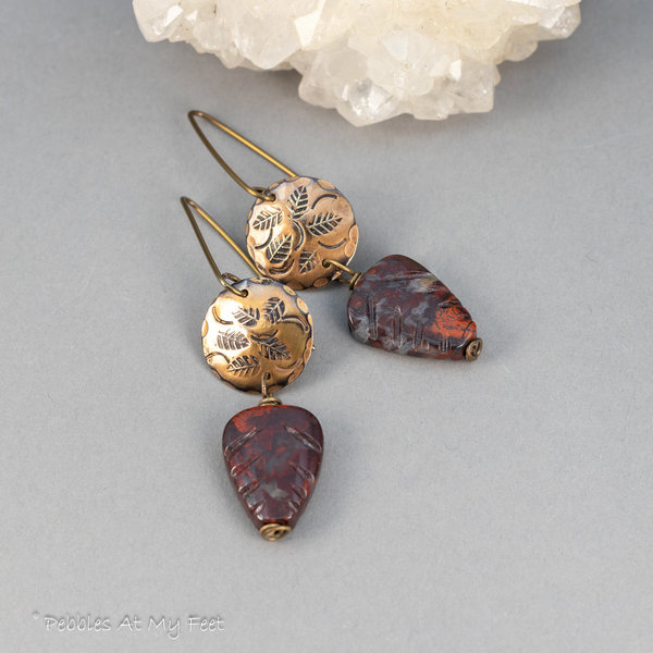 Dark Red Poppy Jasper Leaf Earrings with Handcrafted Brass Charms