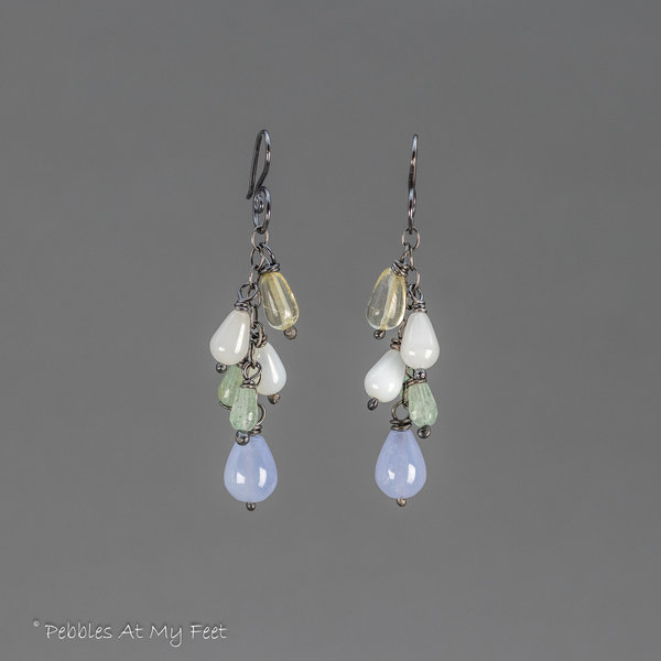 Gemstone Teardrop Cascade Earrings in Oxidized Sterling Silver